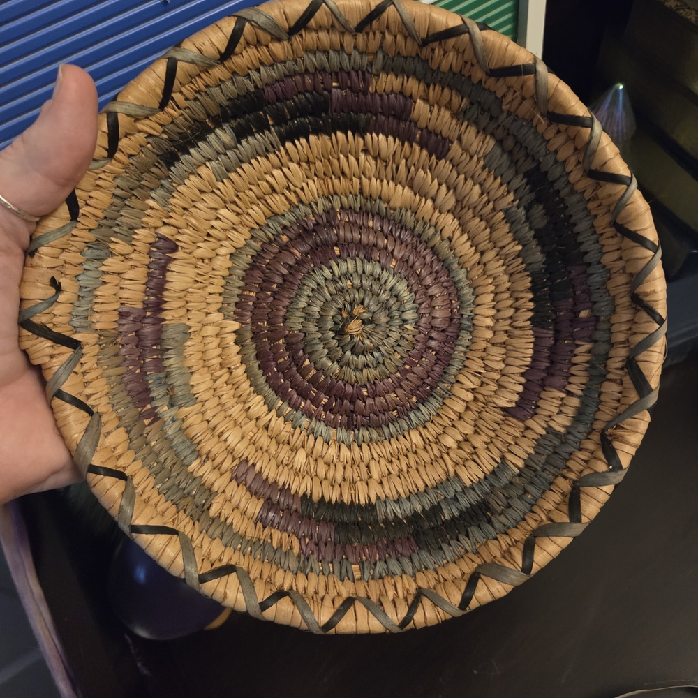 Handwoven Multicolor Basket Small Circle Handmade Woven Basket With Blue Accents